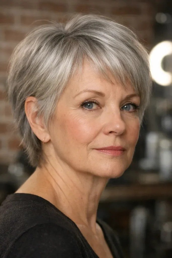 Feathered silver pixie cut for women over 60