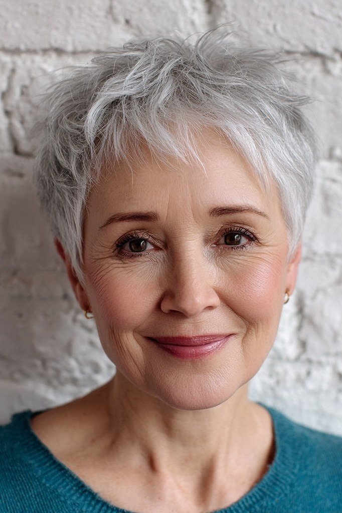 Textured silver spiky pixie cut for women over 60
