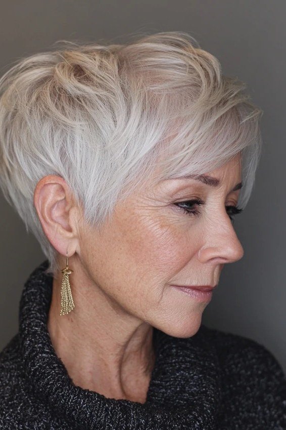 Piecey crown spiky silver pixie hairstyle for older women