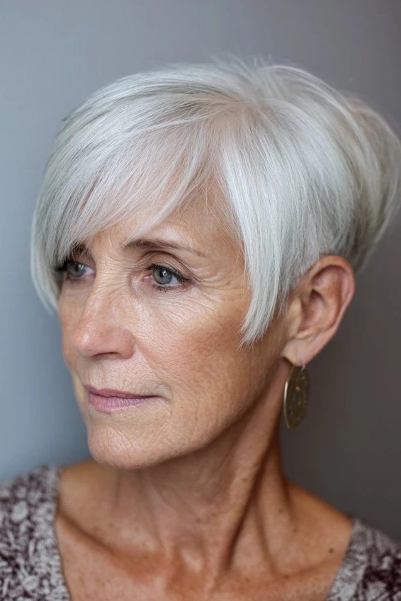 White pixie cut with long sweeping fringe for older women
