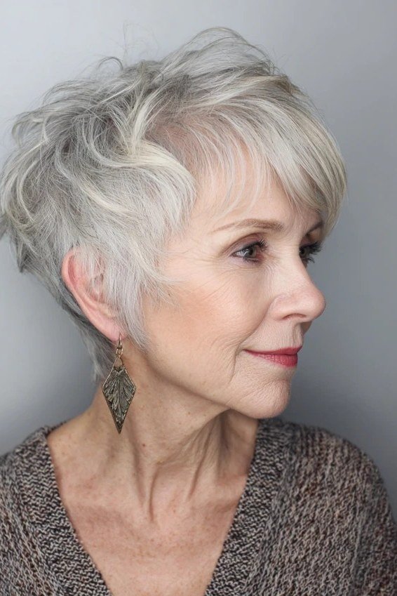 Textured white spiky pixie cut with soft fringe for older women