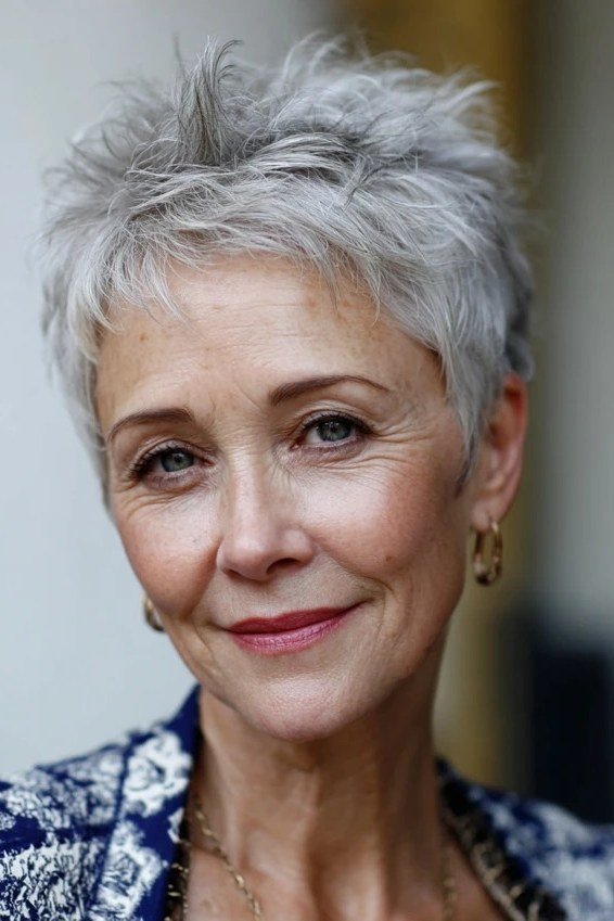 Spiky silver pixie cut with short fringe for older women