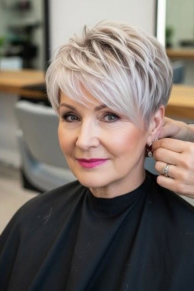 Fresh salon silver spiky pixie haircut for women over 60