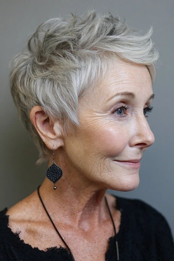 Soft side part spiky silver pixie hairstyle for women over 60