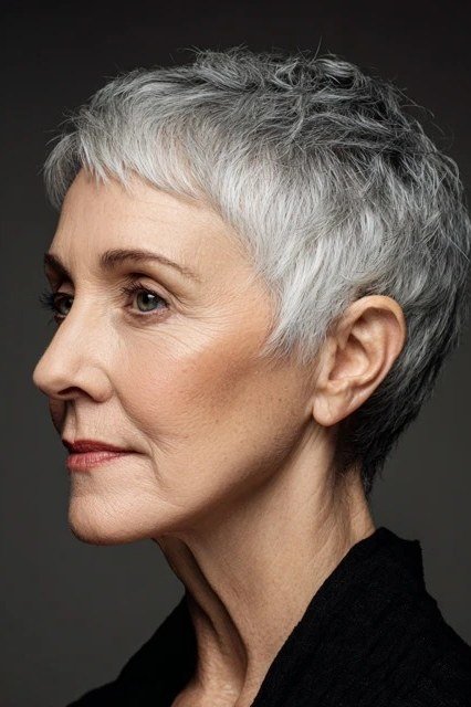 Sculpted spiky silver pixie haircut for women over 60