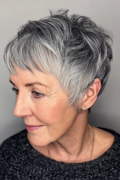 Feathered fringe spiky silver pixie cut for older women