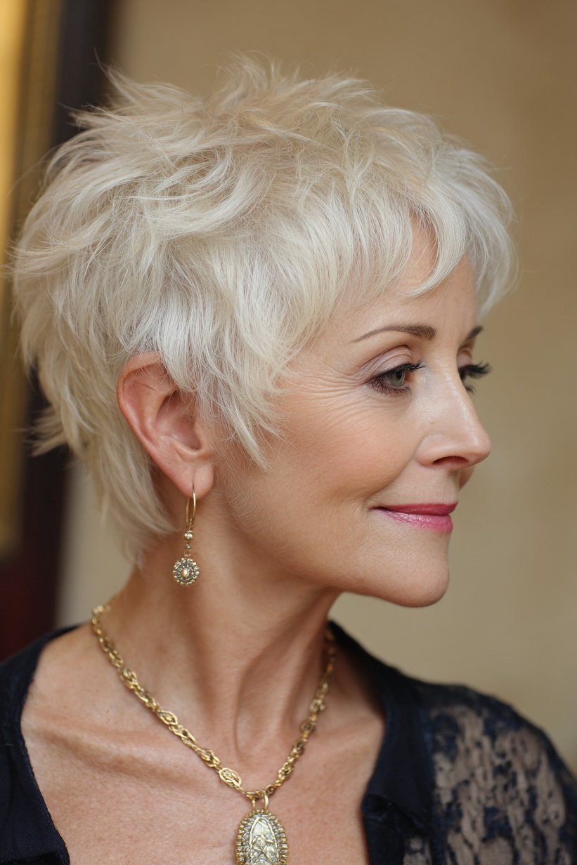 Soft spiky white pixie cut for older women