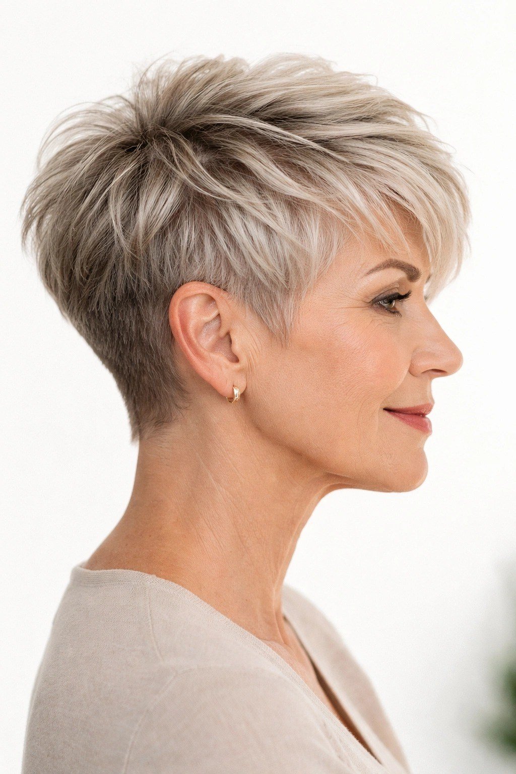 Tapered blonde spiky pixie haircut for women over 60