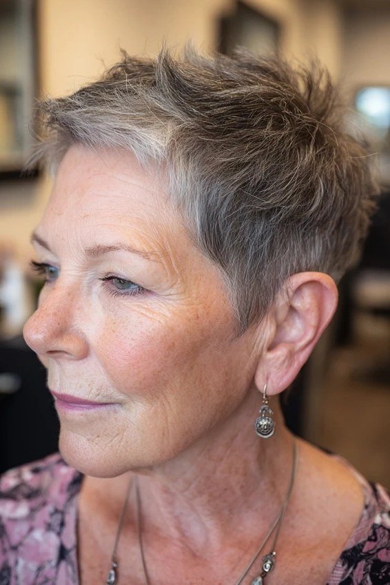 Salt and pepper spiky pixie cut for older women