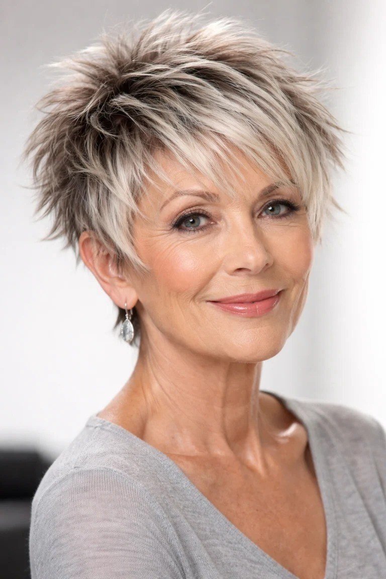 Blonde spiky pixie cut with front volume for women over 60