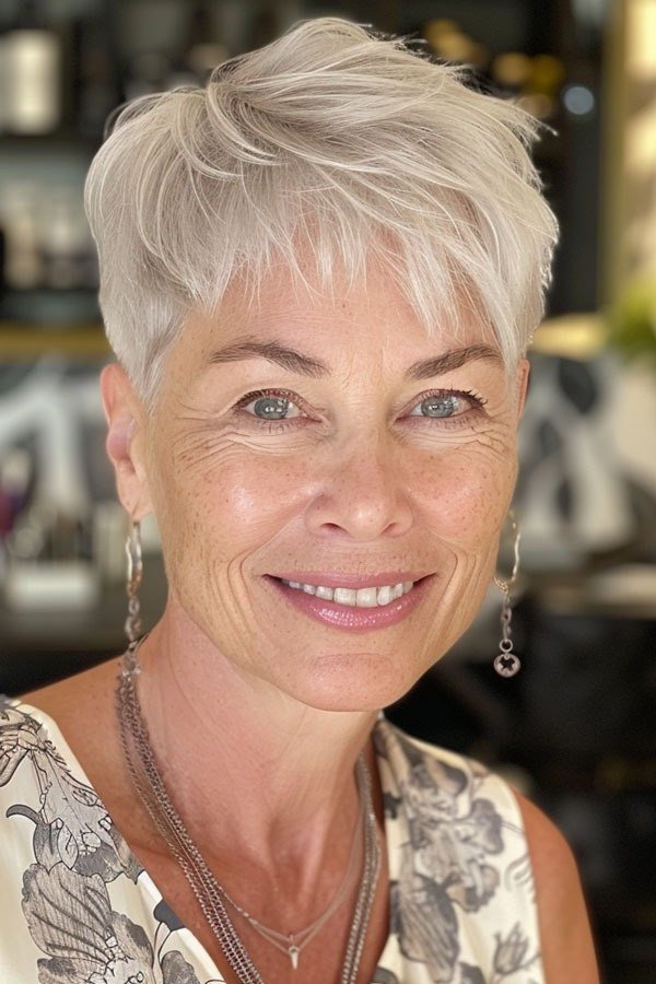 Soft white spiky pixie haircut for women over 60