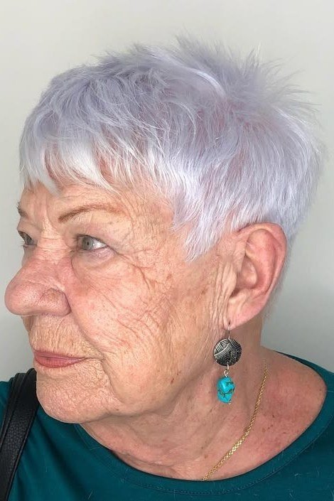 Lavender white spiky pixie haircut for women over 60
