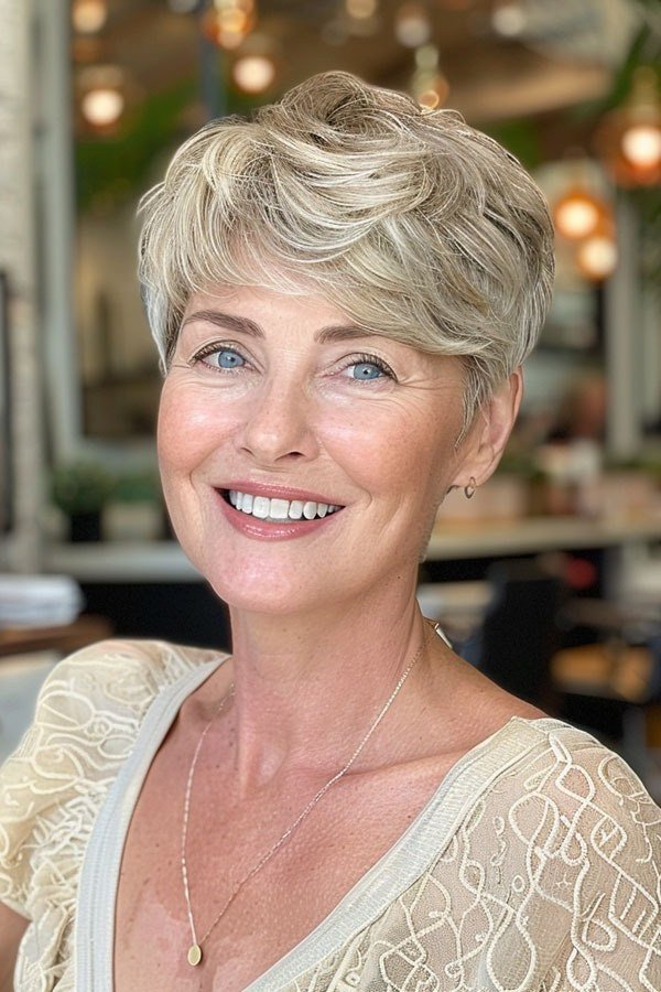 Blonde spiky pixie cut with bouncy texture for older women