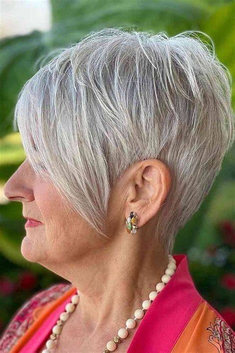 Layered silver spiky pixie cut for older women