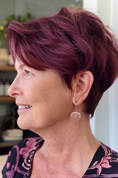 Burgundy spiky pixie haircut for women over 60