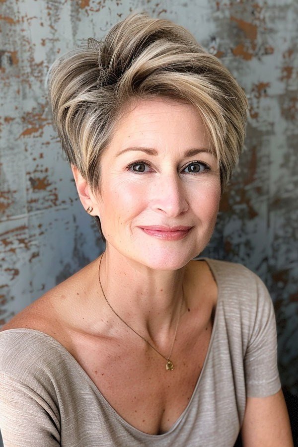 Bright blonde spiky pixie cut for older women
