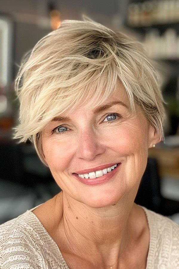 Warm blonde spiky pixie haircut for women over 60