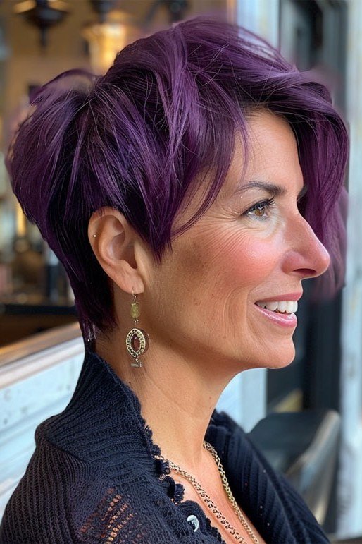 Bold purple spiky pixie haircut for women over 60