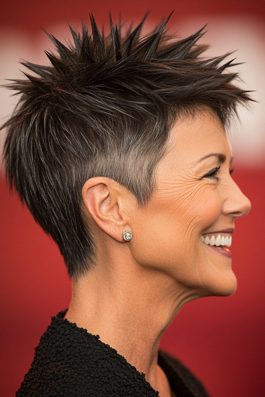 Dramatic dark spiky pixie haircut for women over 60