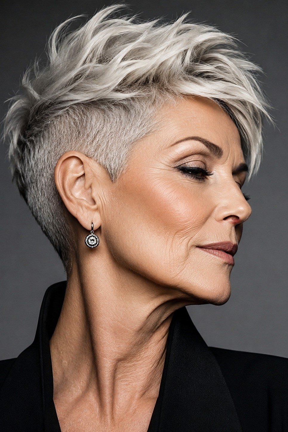Edgy undercut spiky silver pixie haircut for older women