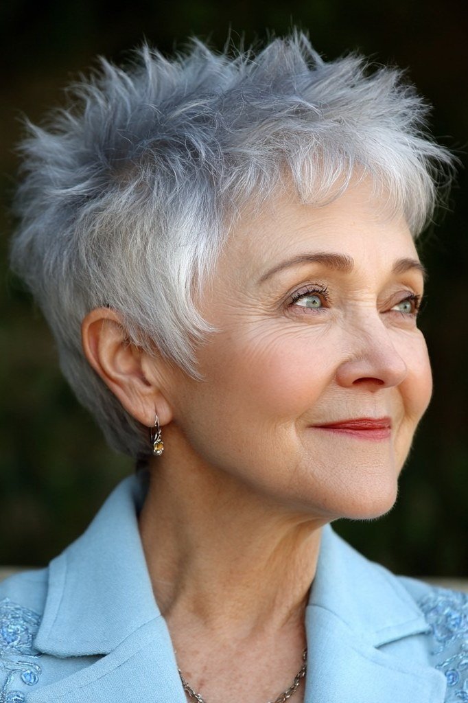 Natural white spiky pixie cut for women over 60