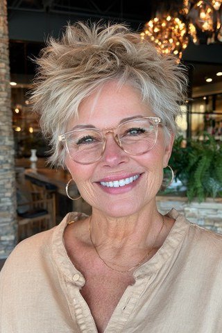 Tousled spiky silver pixie cut for older women