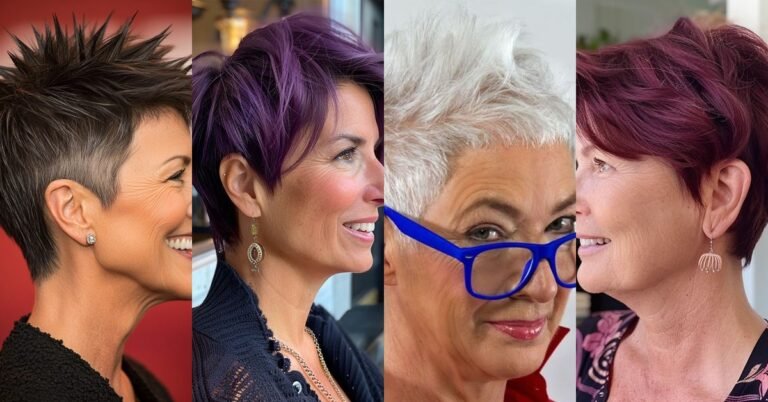 Collage of four sassy spiky pixie cuts for women over 60