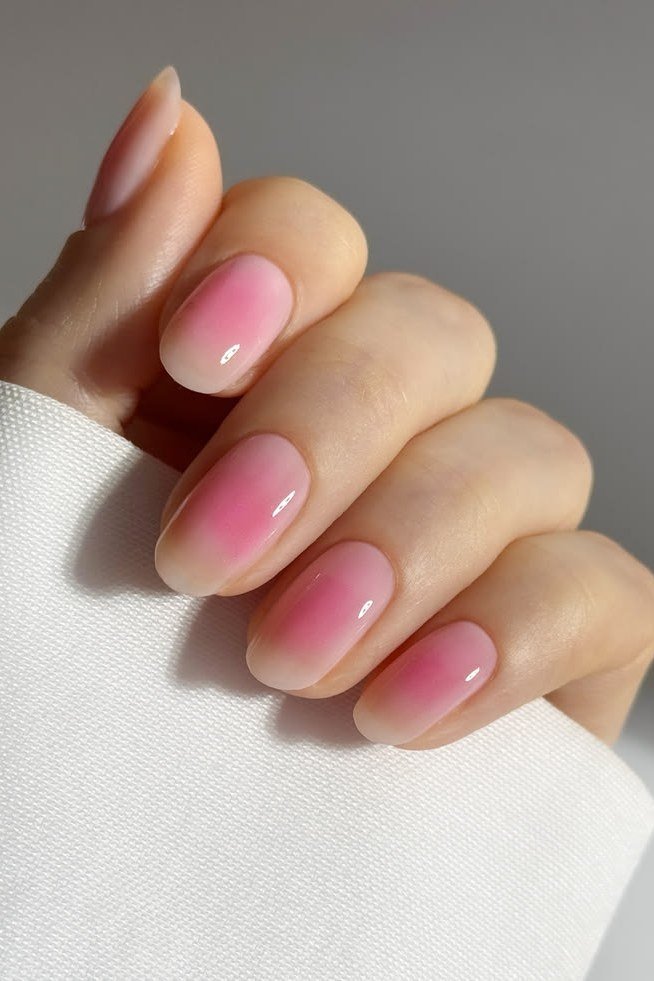 Pink Ombre Squovals, White Sleeve - simple pink nail idea for women over 50