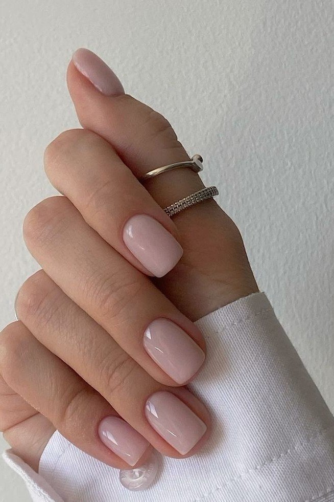 Soft Pink Short Squares With Rings - simple pink nail idea for women over 50