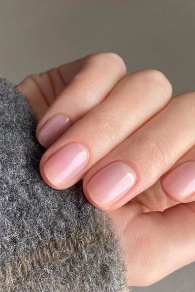 Sheer Pink Short Squares, Cozy Sweater - simple pink nail idea for women over 50