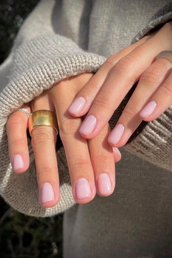 Sheer Pink Squares With Stacked Rings - simple pink nail idea for women over 50