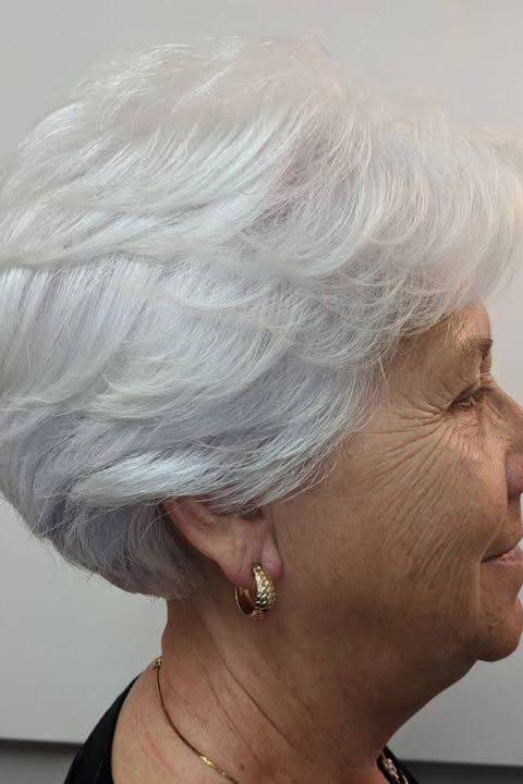 White Layered Pixie - simple stylish hairstyle for women over 70 (white layered pixie, side profile (left panel of diptych, re-cropped))