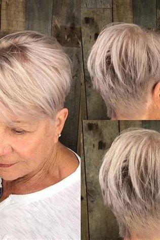 Pink-Grey Pixie - simple stylish hairstyle for women over 70 (pink-grey pixie, four-panel front and side views)
