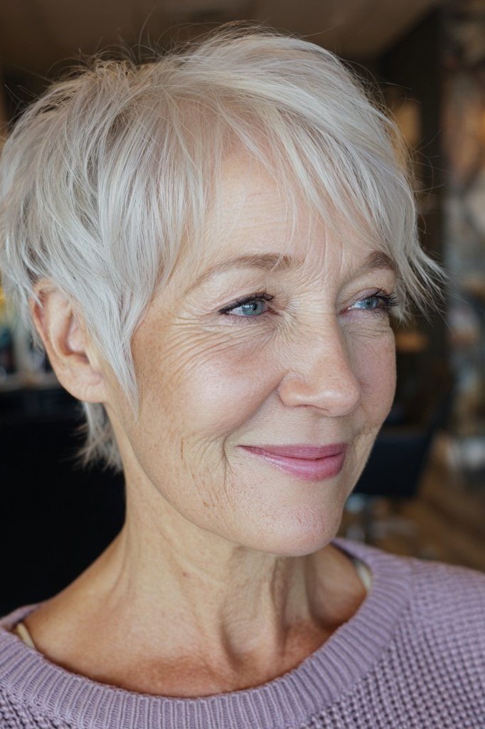 Smiling Silver Pixie - simple stylish hairstyle for women over 70 (smiling front view)