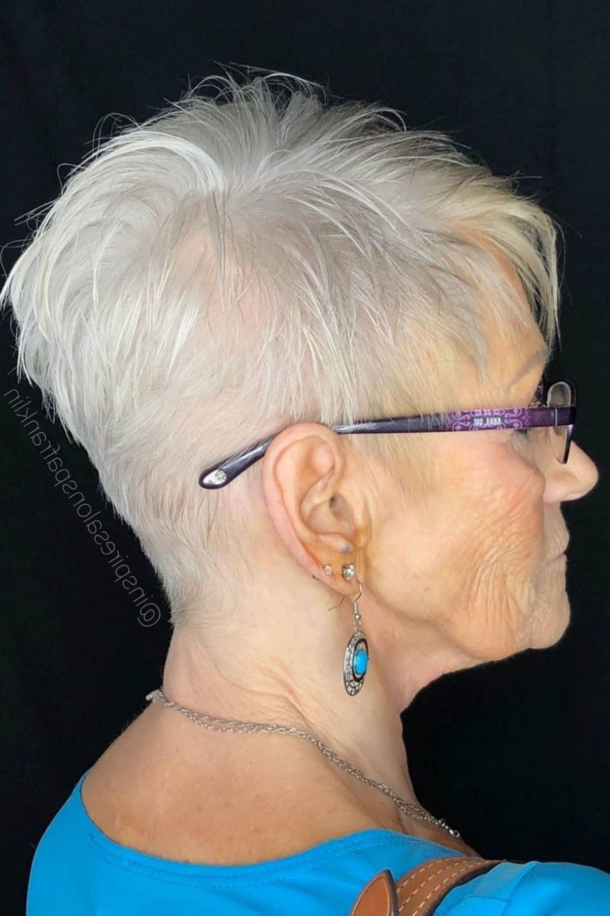 White Cropped Pixie - simple stylish hairstyle for women over 70 (white cropped pixie, side view)