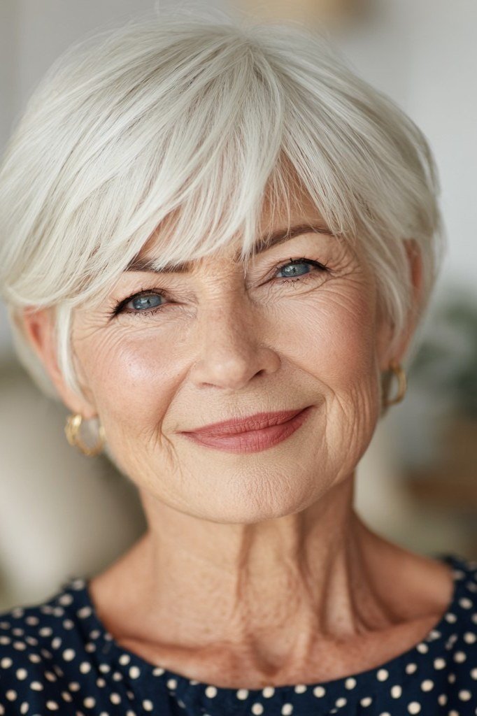 White Pixie with Soft Bangs - simple stylish hairstyle for women over 70 (white pixie with soft bangs, front view)