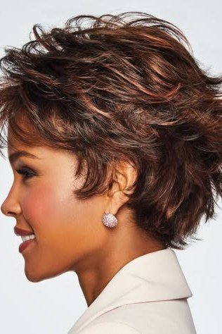 Brown Textured Pixie - simple stylish hairstyle for women over 70 (brown textured pixie, side view)