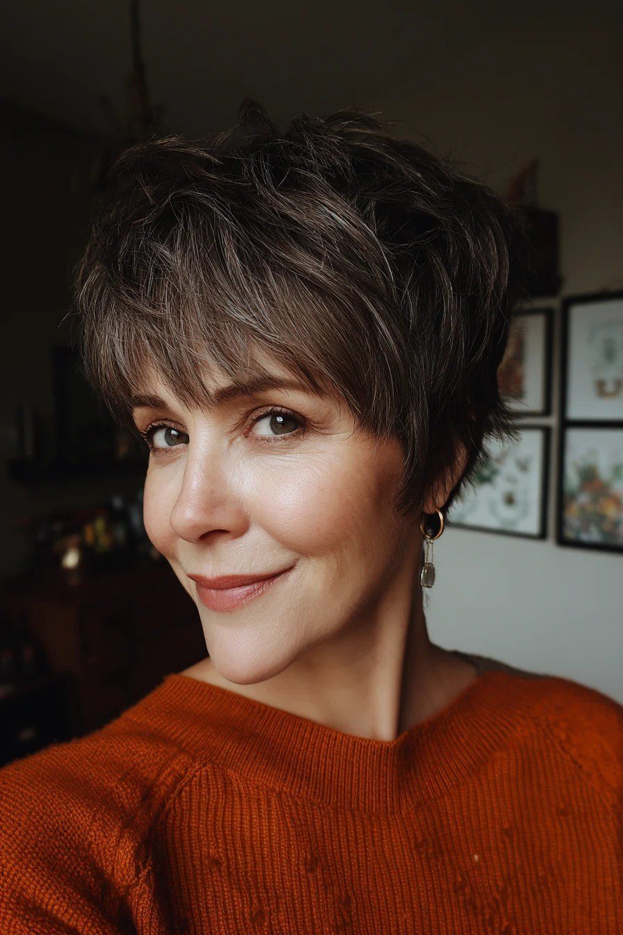Dark Grey Pixie - simple stylish hairstyle for women over 70 (dark grey pixie, front view)