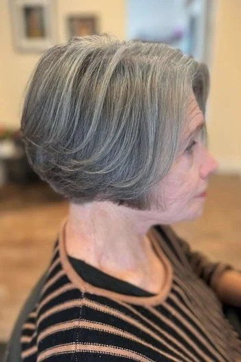 Grey Classic Bob - simple stylish hairstyle for women over 70 (grey classic bob, side view)