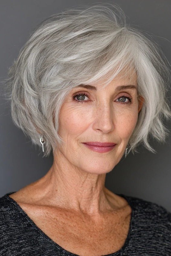 Silver Layered Bob - simple stylish hairstyle for women over 70 (silver layered bob, front view)