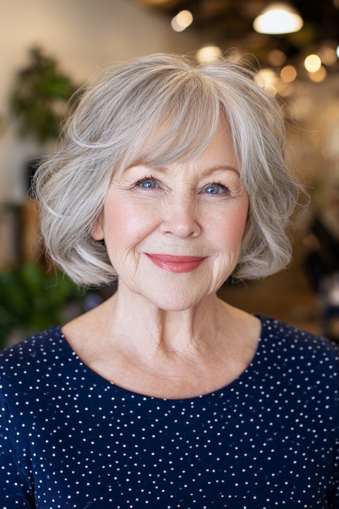 Silver Wavy Bob - simple stylish hairstyle for women over 70 (silver wavy bob, front view)