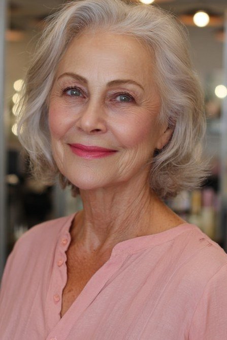 Smiling Silver Wavy Bob - simple stylish hairstyle for women over 70 (silver wavy bob, smiling front view)