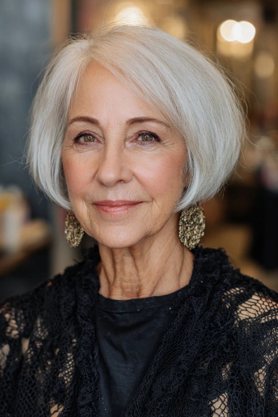 White Chin Bob - simple stylish hairstyle for women over 70 (white chin bob, front view)