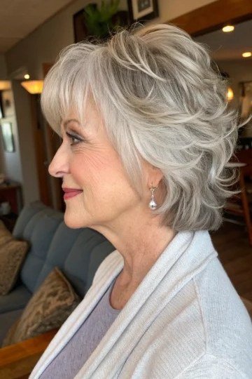 Layered Silver Bob with Movement - simple stylish hairstyle for women over 70 (silver layered bob, side view)