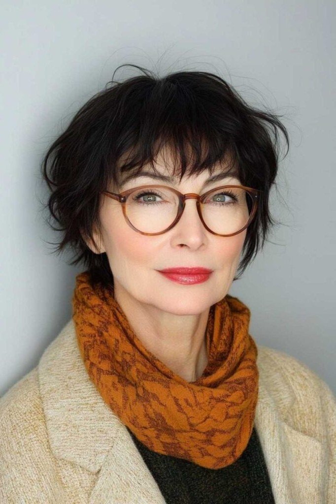 Black Pixie-Bob with Glasses - simple stylish hairstyle for women over 70 (black pixie-bob with glasses, front view)