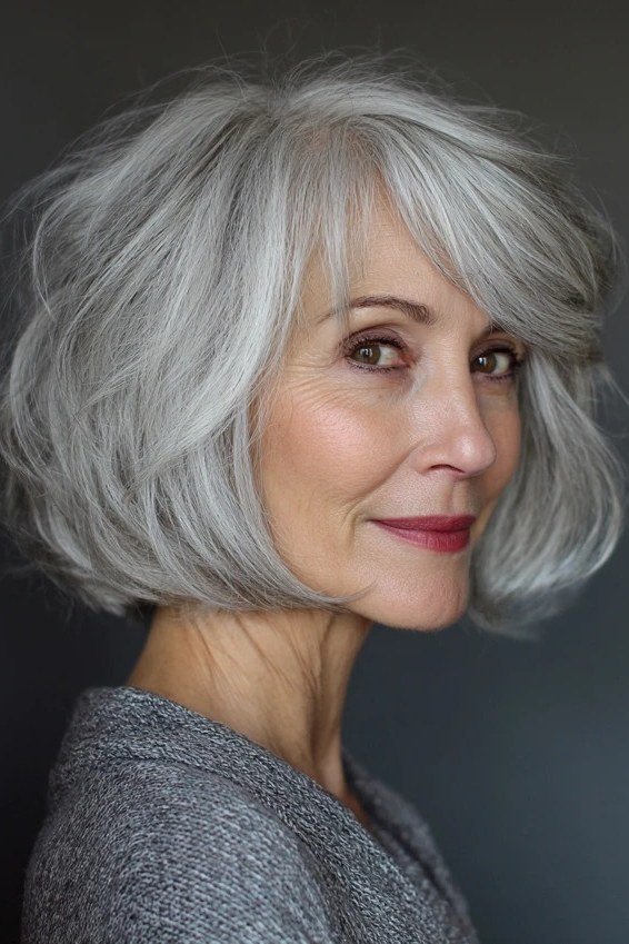 Polished Silver Rounded Bob - simple stylish hairstyle for women over 70 (silver rounded bob, front view)