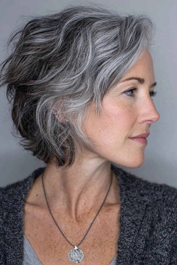 Grey Textured Bob - simple stylish hairstyle for women over 70 (grey textured bob, side view)