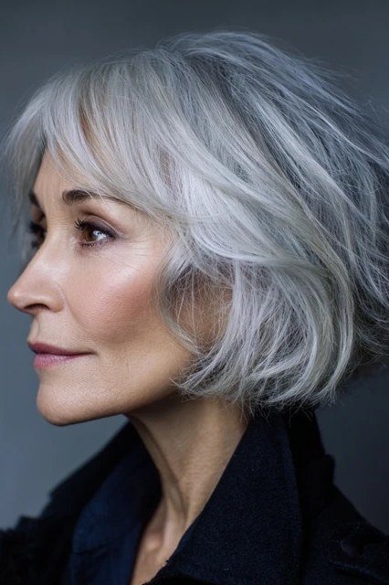 Silver Side-Part Bob - simple stylish hairstyle for women over 70 (silver bob, side view)