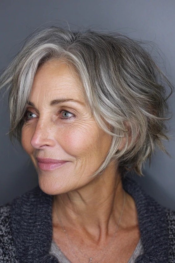 Grey Layered Bob with Volume - simple stylish hairstyle for women over 70 (grey layered bob, front view)