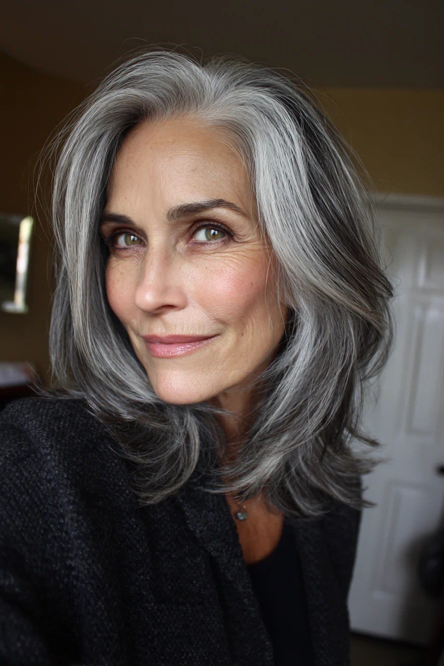 Grey Shoulder-Length Layers - simple stylish hairstyle for women over 70 (grey shoulder-length layers, front view)